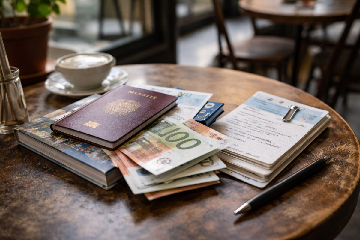 Pasaport, avro banknotları ve rezervasyon notları, kısa Avrupa tatillerinde toplam bütçeyi etkileyen kalemleri simgeliyor.
