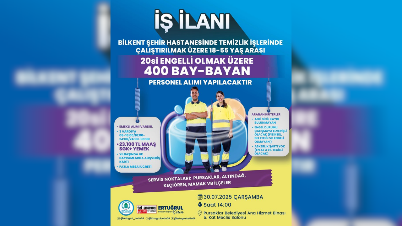 Bilkent Şehir Hastanesi 20'si engelli kadrosundan olmak üzere 400 personel alımı yapacak